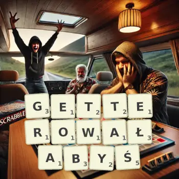 Kreatywna ilustracja do gry w Scrabble ze słowem GETTEROWAŁABYŚ ułożonym z płytek na planszy.