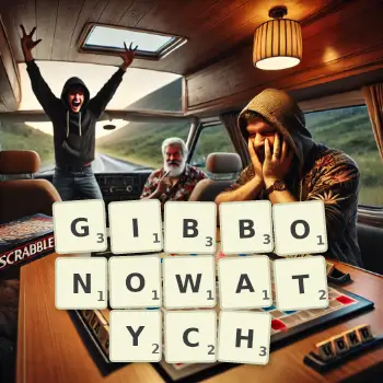 Kreatywna ilustracja do gry w Scrabble ze słowem GIBBONOWATYCH ułożonym z płytek na planszy.