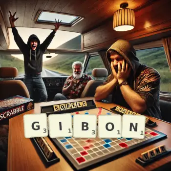 Kreatywna ilustracja do gry w Scrabble ze słowem GIBON ułożonym z płytek na planszy.