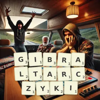 Kreatywna ilustracja do gry w Scrabble ze słowem GIBRALTARCZYKI ułożonym z płytek na planszy.
