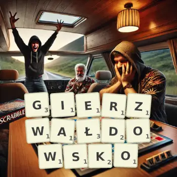 Kreatywna ilustracja do gry w Scrabble ze słowem GIERZWAŁDOWSKO ułożonym z płytek na planszy.