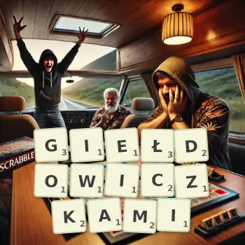 Kreatywna ilustracja do gry w Scrabble ze słowem GIEŁDOWICZKAMI ułożonym z płytek na planszy.