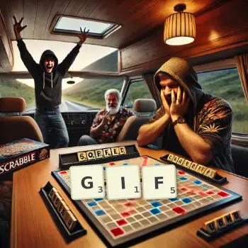 Kreatywna ilustracja do gry w Scrabble ze słowem GIF ułożonym z płytek na planszy.