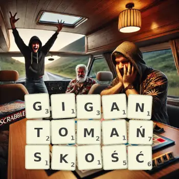 Kreatywna ilustracja do gry w Scrabble ze słowem GIGANTOMAŃSKOŚĆ ułożonym z płytek na planszy.