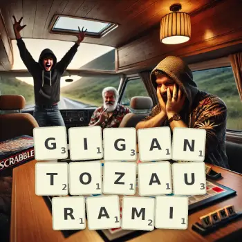Kreatywna ilustracja do gry w Scrabble ze słowem GIGANTOZAURAMI ułożonym z płytek na planszy.