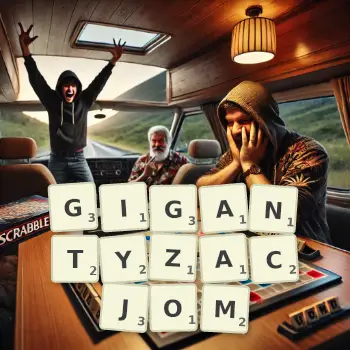 Kreatywna ilustracja do gry w Scrabble ze słowem GIGANTYZACJOM ułożonym z płytek na planszy.