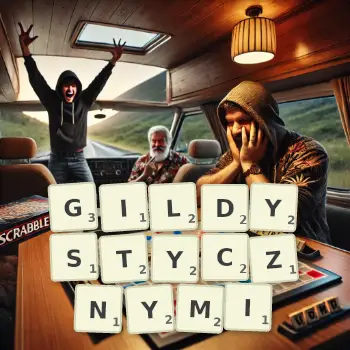 Kreatywna ilustracja do gry w Scrabble ze słowem GILDYSTYCZNYMI ułożonym z płytek na planszy.