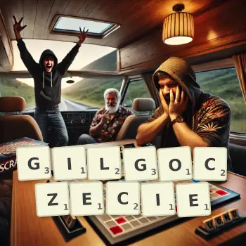 Kreatywna ilustracja do gry w Scrabble ze słowem GILGOCZECIE ułożonym z płytek na planszy.