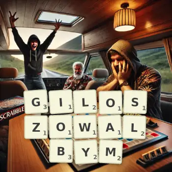 Kreatywna ilustracja do gry w Scrabble ze słowem GILOSZOWALBYM ułożonym z płytek na planszy.