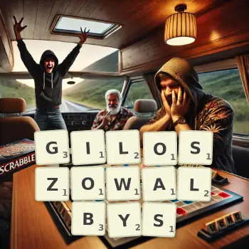 Kreatywna ilustracja do gry w Scrabble ze słowem GILOSZOWALBYS ułożonym z płytek na planszy.