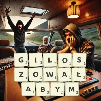 Kreatywna ilustracja do gry w Scrabble ze słowem GILOSZOWAŁABYM ułożonym z płytek na planszy.