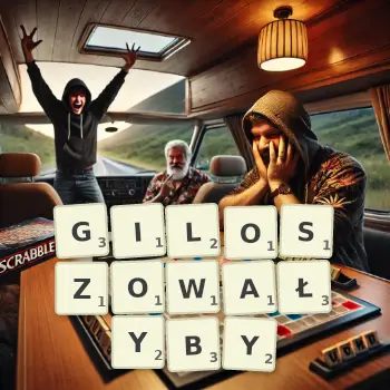 Kreatywna ilustracja do gry w Scrabble ze słowem GILOSZOWAŁYBY ułożonym z płytek na planszy.