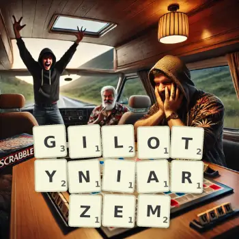 Kreatywna ilustracja do gry w Scrabble ze słowem GILOTYNIARZEM ułożonym z płytek na planszy.