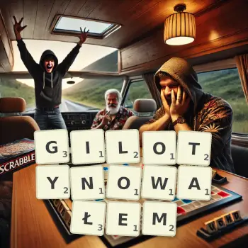 Kreatywna ilustracja do gry w Scrabble ze słowem GILOTYNOWAŁEM ułożonym z płytek na planszy.