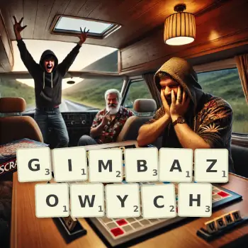 Kreatywna ilustracja do gry w Scrabble ze słowem GIMBAZOWYCH ułożonym z płytek na planszy.