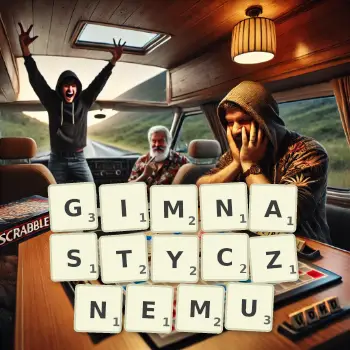 Kreatywna ilustracja do gry w Scrabble ze słowem GIMNASTYCZNEMU ułożonym z płytek na planszy.