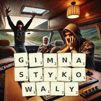 Kreatywna ilustracja do gry w Scrabble ze słowem GIMNASTYKOWALY ułożonym z płytek na planszy.