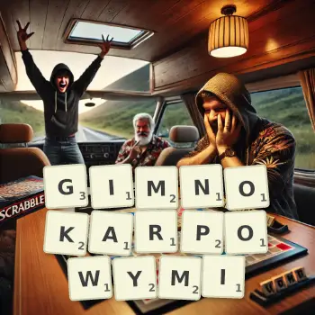 Kreatywna ilustracja do gry w Scrabble ze słowem GIMNOKARPOWYMI ułożonym z płytek na planszy.