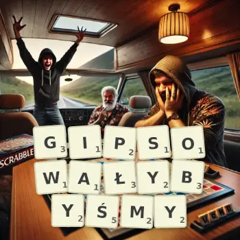 Kreatywna ilustracja do gry w Scrabble ze słowem GIPSOWAŁYBYŚMY ułożonym z płytek na planszy.