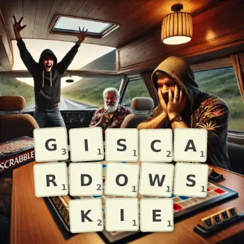 Kreatywna ilustracja do gry w Scrabble ze słowem GISCARDOWSKIE ułożonym z płytek na planszy.