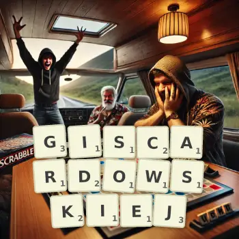 Kreatywna ilustracja do gry w Scrabble ze słowem GISCARDOWSKIEJ ułożonym z płytek na planszy.