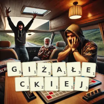 Kreatywna ilustracja do gry w Scrabble ze słowem GIŻAŁECKIEJ ułożonym z płytek na planszy.