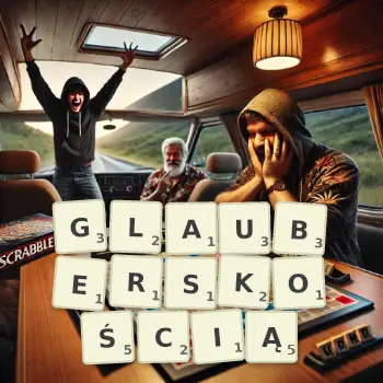 Kreatywna ilustracja do gry w Scrabble ze słowem GLAUBERSKOŚCIĄ ułożonym z płytek na planszy.