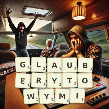 Kreatywna ilustracja do gry w Scrabble ze słowem GLAUBERYTOWYMI ułożonym z płytek na planszy.