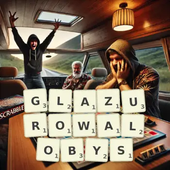 Kreatywna ilustracja do gry w Scrabble ze słowem GLAZUROWALOBYS ułożonym z płytek na planszy.