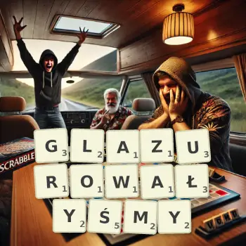 Kreatywna ilustracja do gry w Scrabble ze słowem GLAZUROWAŁYŚMY ułożonym z płytek na planszy.