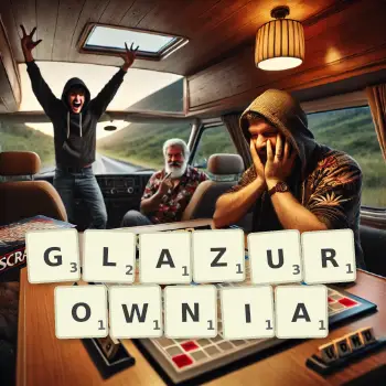 Kreatywna ilustracja do gry w Scrabble ze słowem GLAZUROWNIA ułożonym z płytek na planszy.