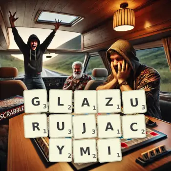 Kreatywna ilustracja do gry w Scrabble ze słowem GLAZURUJACYMI ułożonym z płytek na planszy.