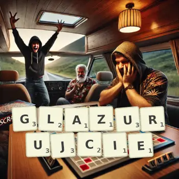 Kreatywna ilustracja do gry w Scrabble ze słowem GLAZURUJCIE ułożonym z płytek na planszy.