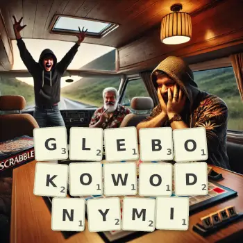 Kreatywna ilustracja do gry w Scrabble ze słowem GLEBOKOWODNYMI ułożonym z płytek na planszy.