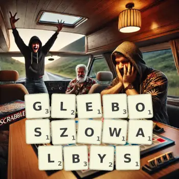 Kreatywna ilustracja do gry w Scrabble ze słowem GLEBOSZOWALBYS ułożonym z płytek na planszy.