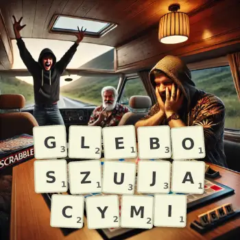 Kreatywna ilustracja do gry w Scrabble ze słowem GLEBOSZUJACYMI ułożonym z płytek na planszy.