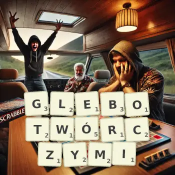 Kreatywna ilustracja do gry w Scrabble ze słowem GLEBOTWÓRCZYMI ułożonym z płytek na planszy.