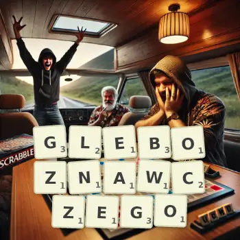 Kreatywna ilustracja do gry w Scrabble ze słowem GLEBOZNAWCZEGO ułożonym z płytek na planszy.