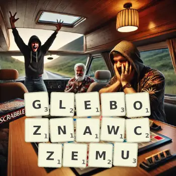 Kreatywna ilustracja do gry w Scrabble ze słowem GLEBOZNAWCZEMU ułożonym z płytek na planszy.