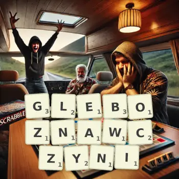 Kreatywna ilustracja do gry w Scrabble ze słowem GLEBOZNAWCZYNI ułożonym z płytek na planszy.