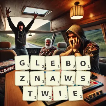 Kreatywna ilustracja do gry w Scrabble ze słowem GLEBOZNAWSTWIE ułożonym z płytek na planszy.