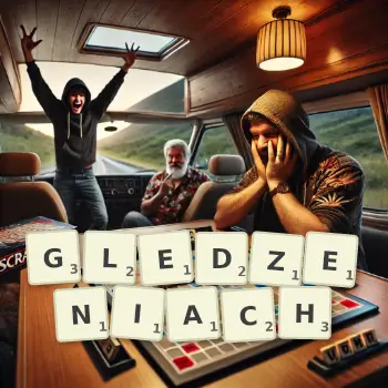 Kreatywna ilustracja do gry w Scrabble ze słowem GLEDZENIACH ułożonym z płytek na planszy.