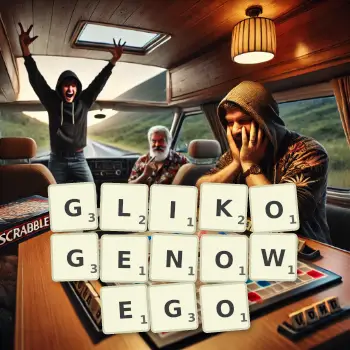 Kreatywna ilustracja do gry w Scrabble ze słowem GLIKOGENOWEGO ułożonym z płytek na planszy.