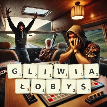 Kreatywna ilustracja do gry w Scrabble ze słowem GLIWIAŁOBYŚ ułożonym z płytek na planszy.