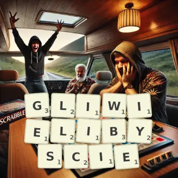 Kreatywna ilustracja do gry w Scrabble ze słowem GLIWIELIBYSCIE ułożonym z płytek na planszy.