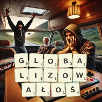 Kreatywna ilustracja do gry w Scrabble ze słowem GLOBALIZOWAŁOŚ ułożonym z płytek na planszy.