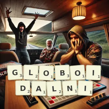 Kreatywna ilustracja do gry w Scrabble ze słowem GLOBOIDALNI ułożonym z płytek na planszy.