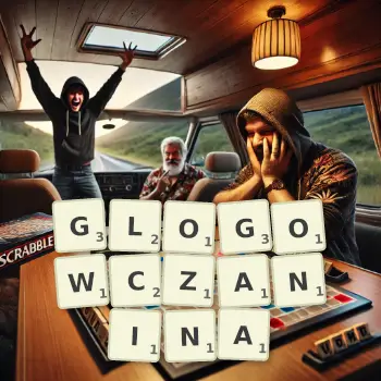 Kreatywna ilustracja do gry w Scrabble ze słowem GLOGOWCZANINA ułożonym z płytek na planszy.