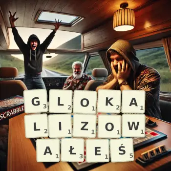Kreatywna ilustracja do gry w Scrabble ze słowem GLOKALIZOWAŁEŚ ułożonym z płytek na planszy.