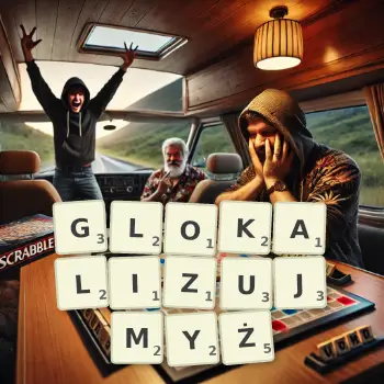 Kreatywna ilustracja do gry w Scrabble ze słowem GLOKALIZUJMYŻ ułożonym z płytek na planszy.